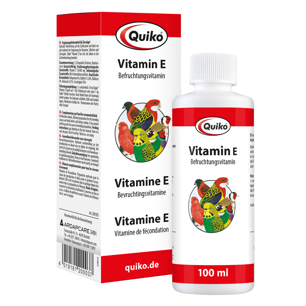 Quiko Vitamin E liquid - Ergänzungsfutter für Kanarien, Sittiche und Ziervögel - Ideal vor und während der Anpaarung