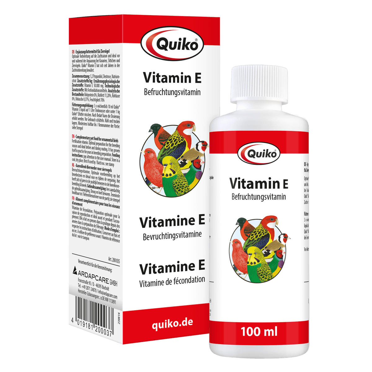 Quiko Vitamin E liquid - Ergänzungsfutter für Kanarien, Sittiche und Ziervögel - Ideal vor und während der Anpaarung